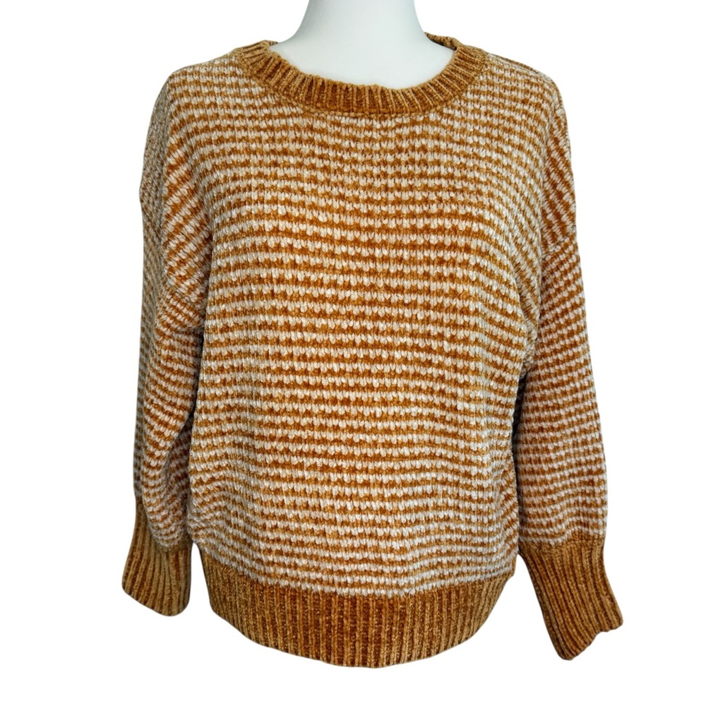 CYRUS Yellow Cream Striped Chenille Knit Pullover Sweater Cozy Casual Large